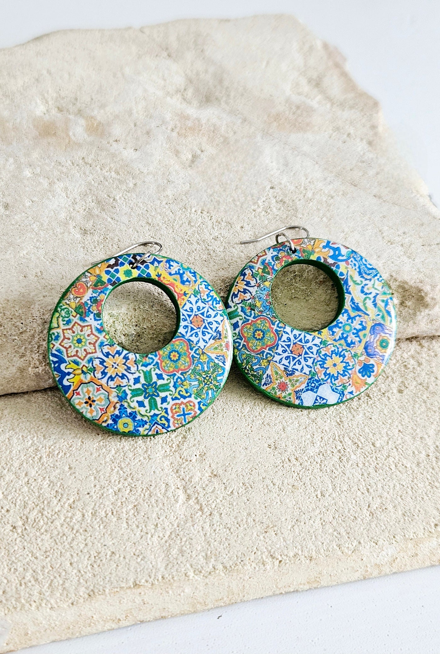 Mexican Hoop Tile Earrings Talavera Mixed Tiles Hoops Boho Colorful Hoops Ethnic Hoop Earrings Spanish Tiles Jewelry Supersized Hoops