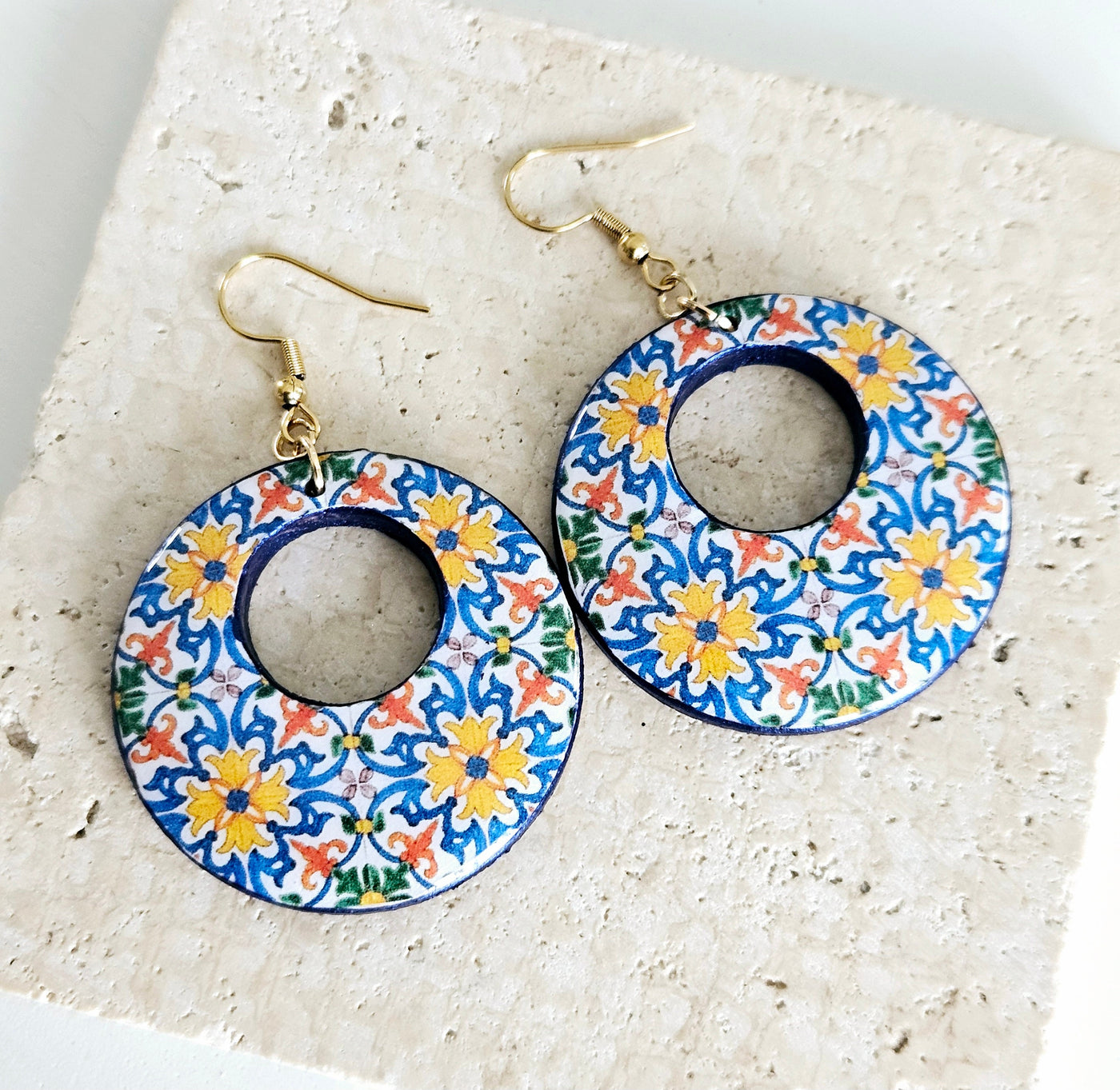 Portugal Antique Tile Hoop Earring Portuguese Traditional 18th Century Tile Statement Hoop Majolica Blue Gold Hoop Travel Gift Hoop Tile