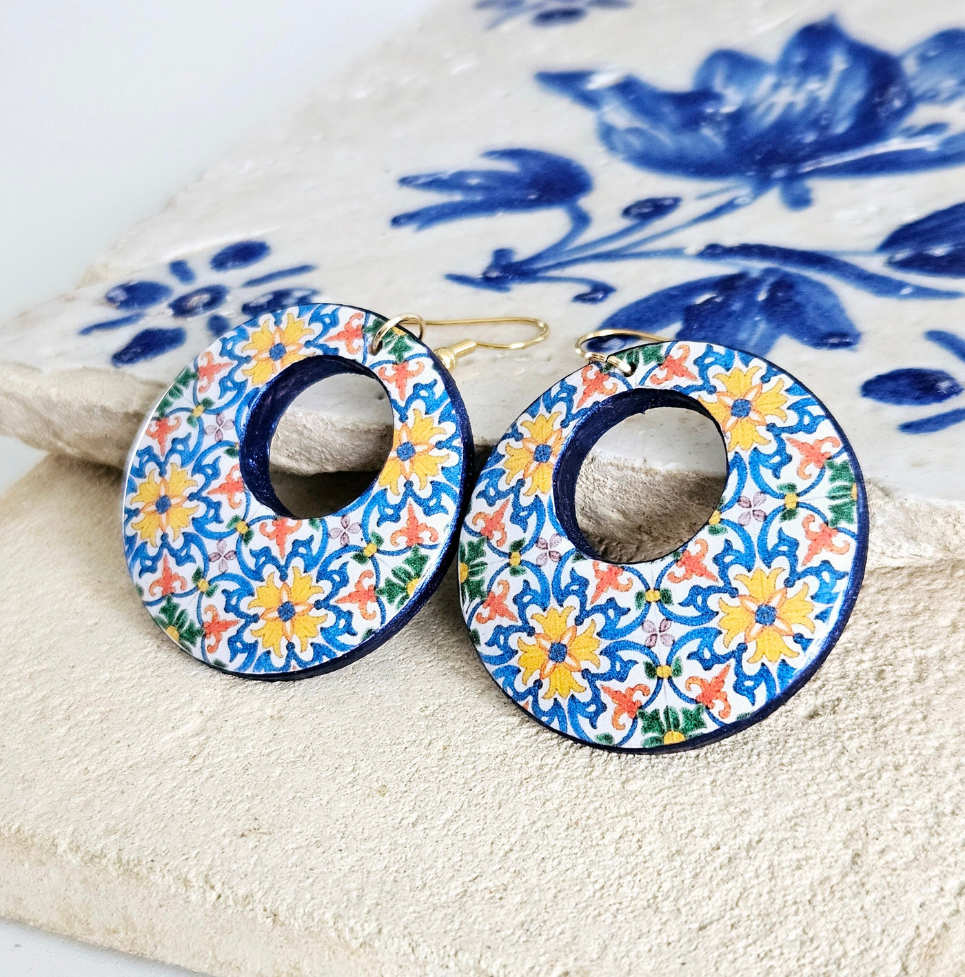 Portugal Antique Tile Hoop Earring Portuguese Traditional 18th Century Tile Statement Hoop Majolica Blue Gold Hoop Travel Gift Hoop Tile