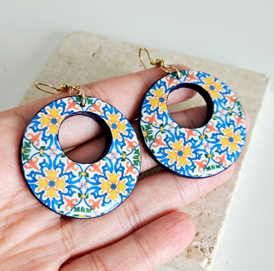 Portugal Antique Tile Hoop Earring Portuguese Traditional 18th Century Tile Statement Hoop Majolica Blue Gold Hoop Travel Gift Hoop Tile