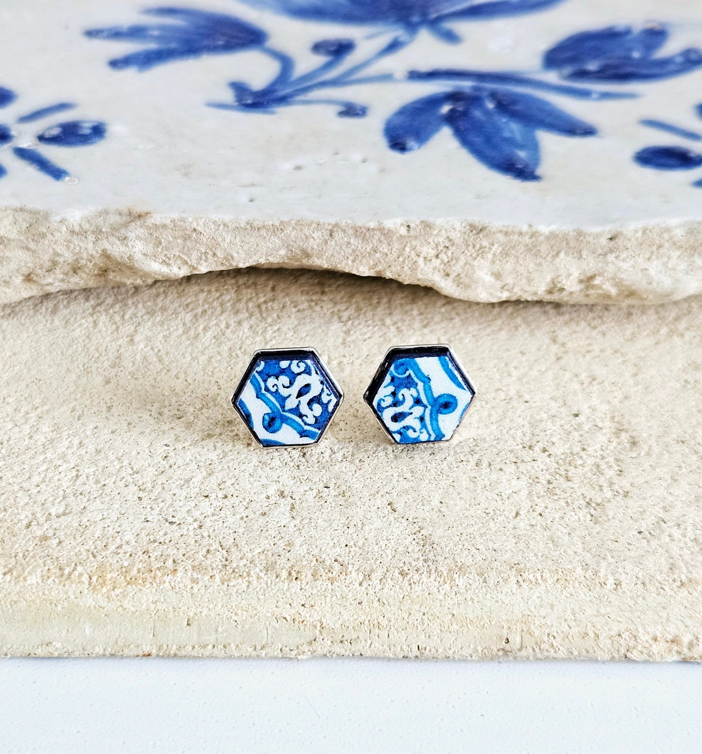 Hexagon Tile Silver Stud Earring Portugal Blue Tile Earring Retro Vintage Tile Jewelry Gift Anniversary Wife Gift Travel Vacation Gift Idea