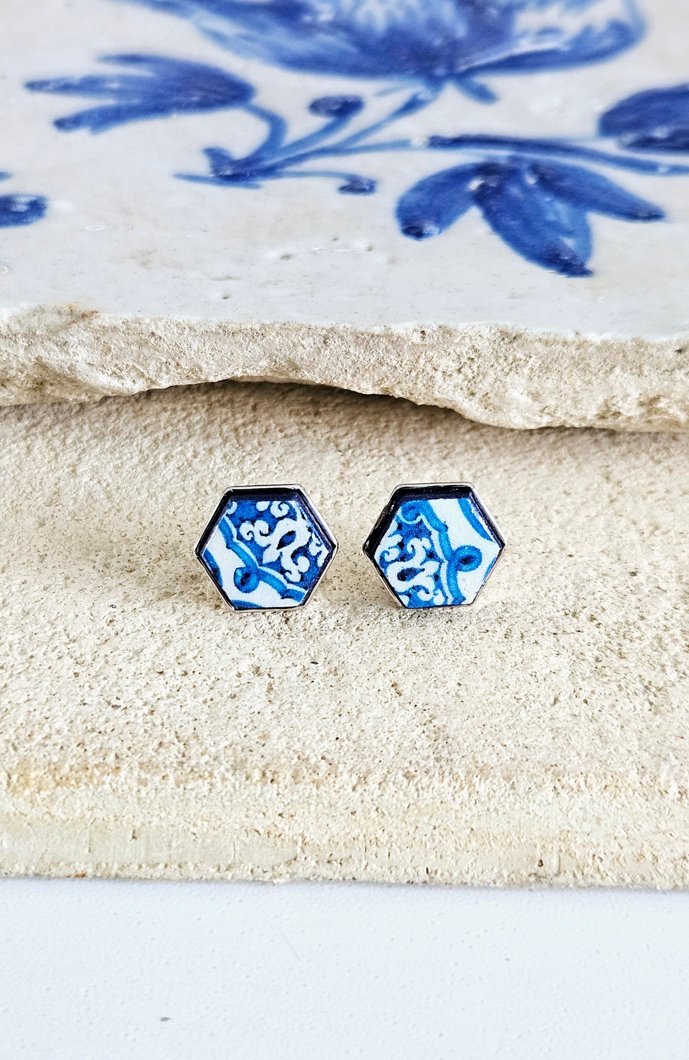 Hexagon Tile Silver Stud Earring Portugal Blue Tile Earring Retro Vintage Tile Jewelry Gift Anniversary Wife Gift Travel Vacation Gift Idea