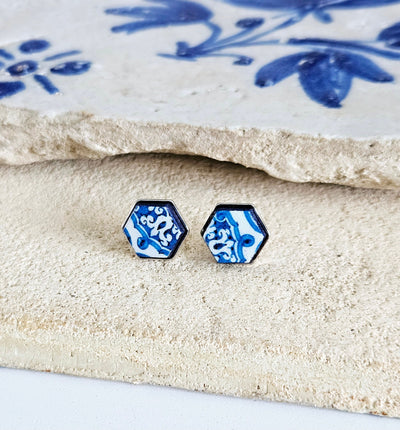 Hexagon Tile Silver Stud Earring Portugal Blue Tile Earring Retro Vintage Tile Jewelry Gift Anniversary Wife Gift Travel Vacation Gift Idea