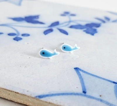 Porcelain Whale Stud Earring 925 Silver Post Earring Royal Blue Ceramic Earring Light Blue Small Fish Earring Clay Tile Studs Ocean Jewelry