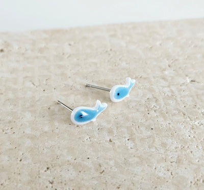 Porcelain Whale Stud Earring 925 Silver Post Earring Royal Blue Ceramic Earring Light Blue Small Fish Earring Clay Tile Studs Ocean Jewelry