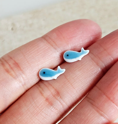 Porcelain Whale Stud Earring 925 Silver Post Earring Royal Blue Ceramic Earring Light Blue Small Fish Earring Clay Tile Studs Ocean Jewelry