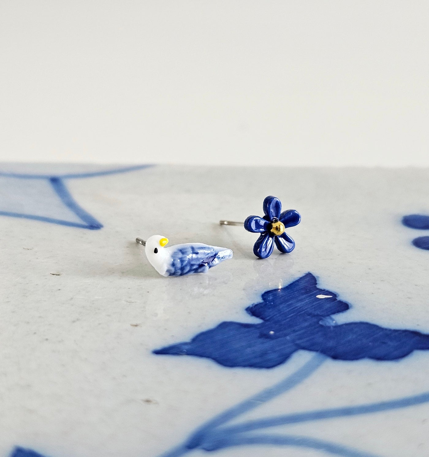 Porcelain Flower & Pigeon Mismatched Stud Earring Royal Blue Ceramic Post Earring Small Bird Earring Clay Tile Stud Nature Jewelry Gift