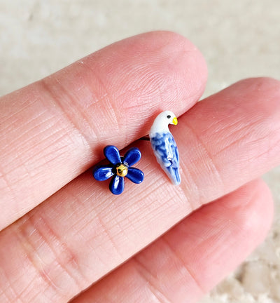 Porcelain Flower & Pigeon Mismatched Stud Earring Royal Blue Ceramic Post Earring Small Bird Earring Clay Tile Stud Nature Jewelry Gift