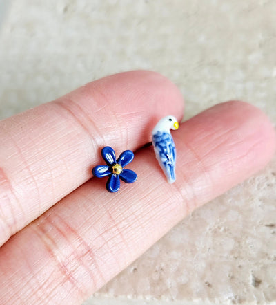 Porcelain Flower & Pigeon Mismatched Stud Earring Royal Blue Ceramic Post Earring Small Bird Earring Clay Tile Stud Nature Jewelry Gift