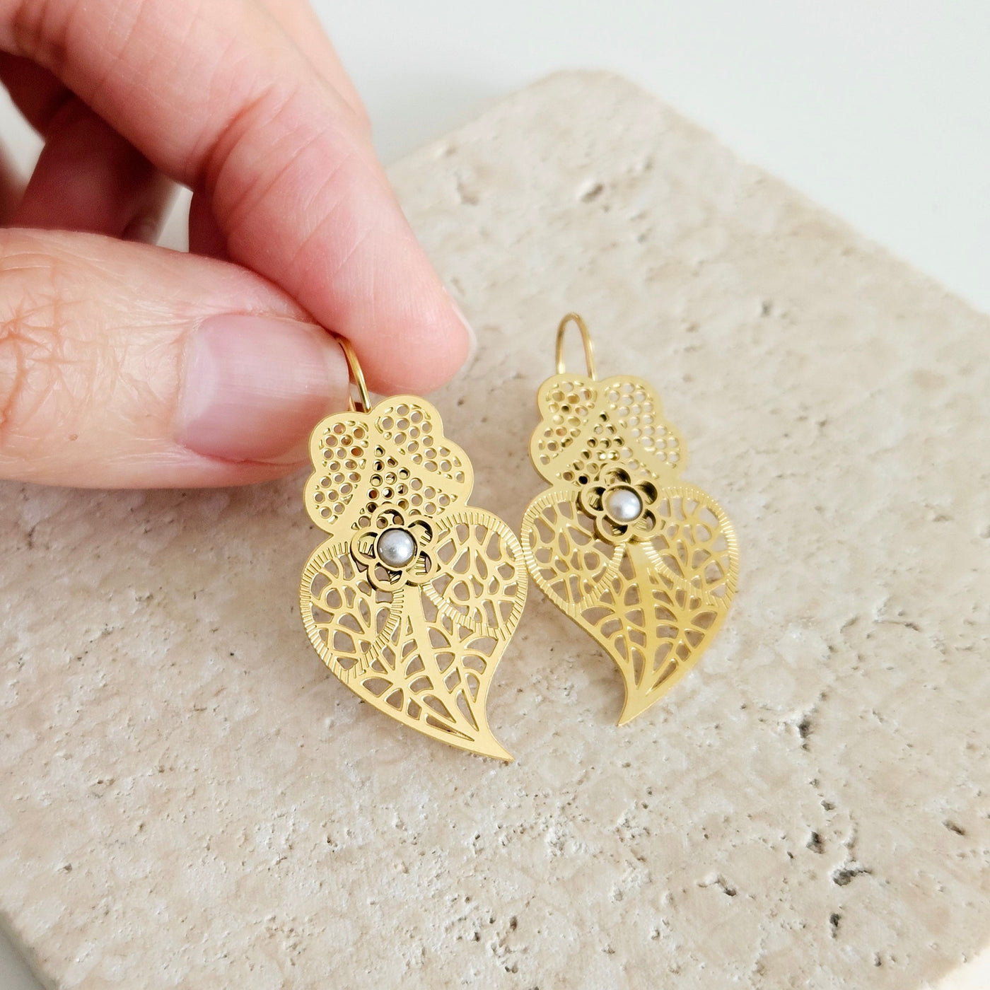 Viana Heart Earrings Filigree in GOLD Steel Dangle Thin Earring Lightweight Handmade Jewelry Mom Gift Birthday Gift Portugal Travel Gift