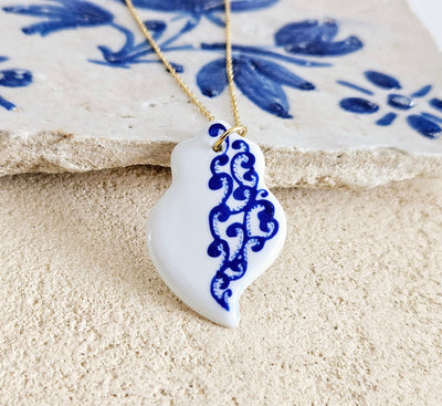 Ceramic & Lace Portuguese Gold Necklace White Blue Azulejo Handmade Necklace Fish Sardine Tile Viana Heart Clay Woman Gift From Portugal