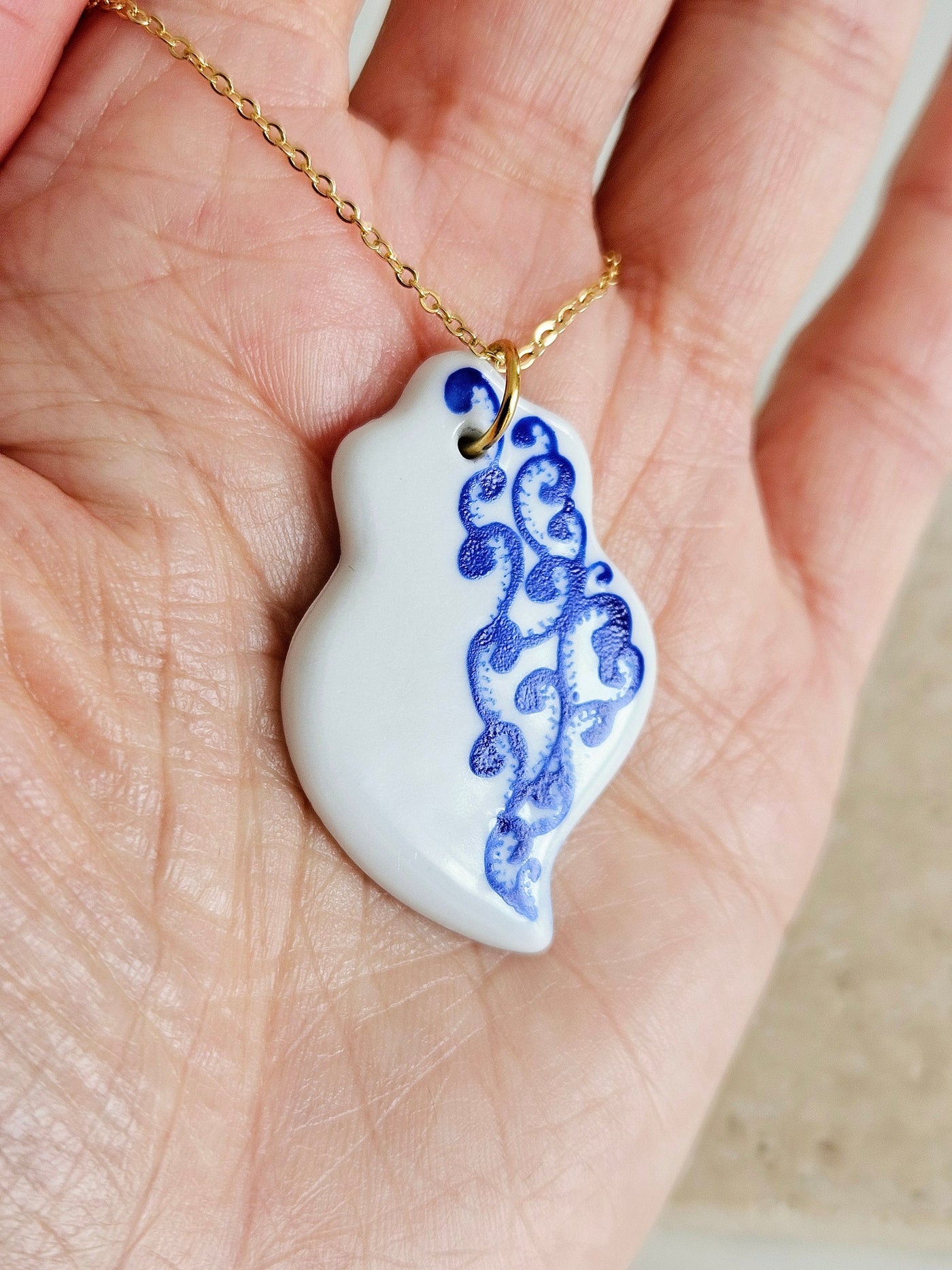 Ceramic & Lace Portuguese Gold Necklace White Blue Azulejo Handmade Necklace Fish Sardine Tile Viana Heart Clay Woman Gift From Portugal