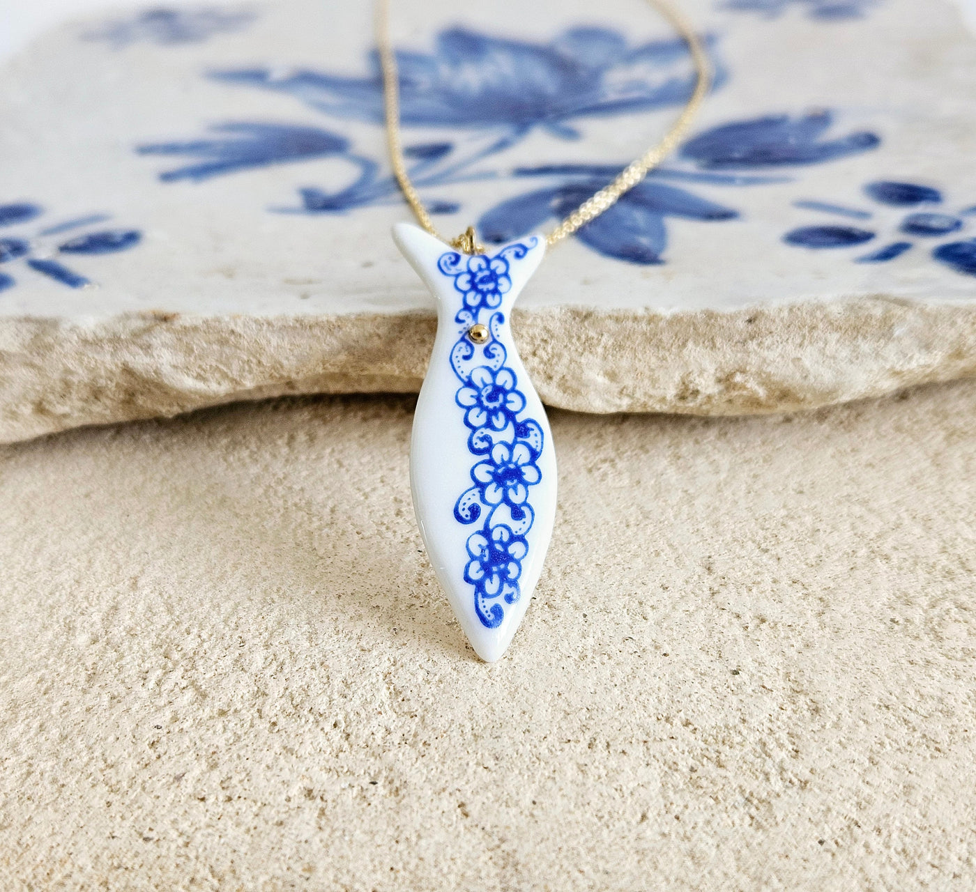 Ceramic & Lace Portuguese Gold Necklace White Blue Azulejo Handmade Necklace Fish Sardine Tile Viana Heart Clay Woman Gift From Portugal