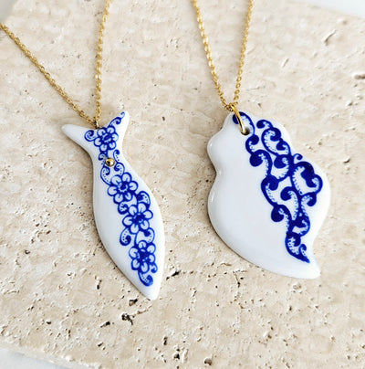 Ceramic & Lace Portuguese Gold Necklace White Blue Azulejo Handmade Necklace Fish Sardine Tile Viana Heart Clay Woman Gift From Portugal