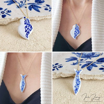 Ceramic & Lace Portuguese Gold Necklace White Blue Azulejo Handmade Necklace Fish Sardine Tile Viana Heart Clay Woman Gift From Portugal