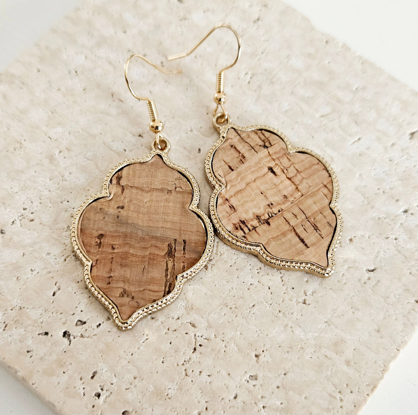 Natural Cork & GOLD Arabesque Dangle Earring Eco Friendly Vegan Cork Beige Statement Earring Gift Handmade Jewelry Minimalist Charm Earring