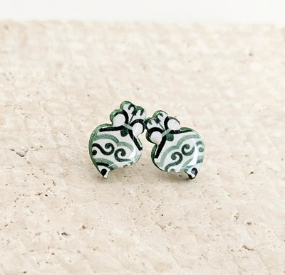 Small Viana Heart Tile Stud Earring Portuguese Green Post Earring Retro Vintage Tile Jewelry Wood Gift Anniversary Gift Travel Vacation Gift