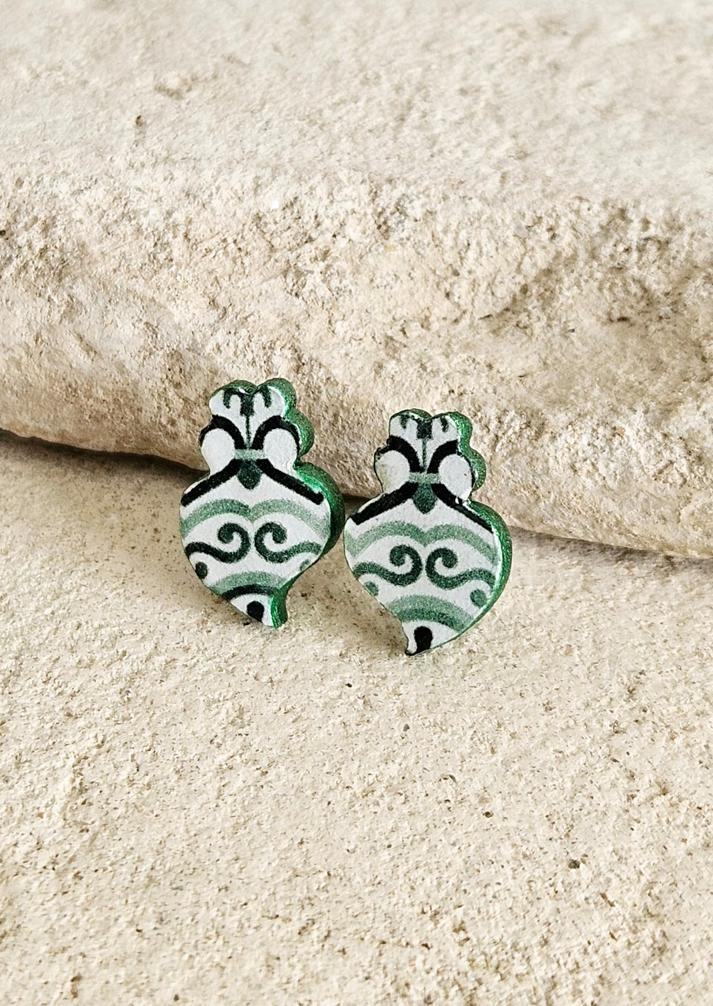 Small Viana Heart Tile Stud Earring Portuguese Green Post Earring Retro Vintage Tile Jewelry Wood Gift Anniversary Gift Travel Vacation Gift