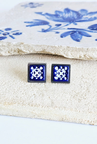 Blue Ceramic Portuguese Tile Earring Silver STEEL Azulejo Earring Square Handmade Clay Post Earring Anniversary Wife Gift Mom Travel Gift