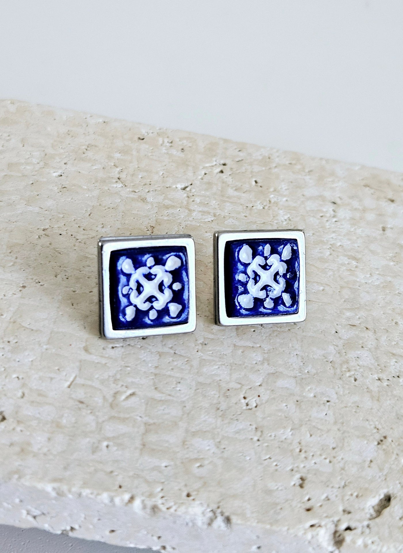Blue Ceramic Portuguese Tile Earring Silver STEEL Azulejo Earring Square Handmade Clay Post Earring Anniversary Wife Gift Mom Travel Gift