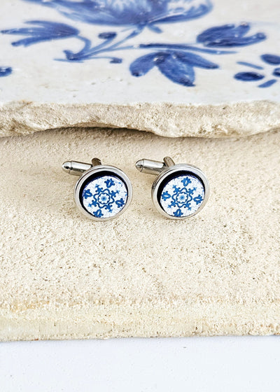 Portugal Azulejo Cufflink Blue Round Tile Cufflink Majolica Antique Tile Groomsmen Cufflink Father's Gift Idea Geometric Business Cufflink