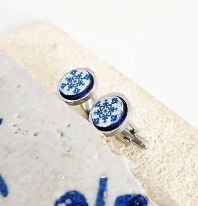 Portugal Azulejo Cufflink Blue Round Tile Cufflink Majolica Antique Tile Groomsmen Cufflink Father's Gift Idea Geometric Business Cufflink