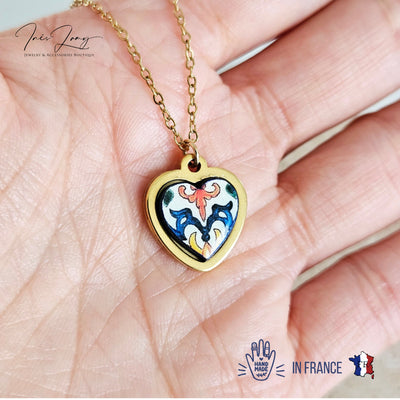 GOLD Heart Portugal Tile Charm Necklace Coimbra Tile Azulejo Gold Pendant Steel Leiria Necklace Tile Portugal Gift Handmade Lisboa Souvenir