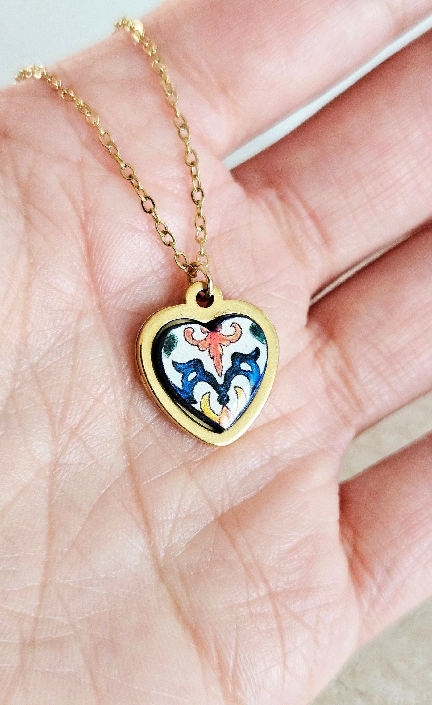 GOLD Heart Portugal Tile Charm Necklace Coimbra Tile Azulejo Gold Pendant Steel Leiria Necklace Tile Portugal Gift Handmade Lisboa Souvenir