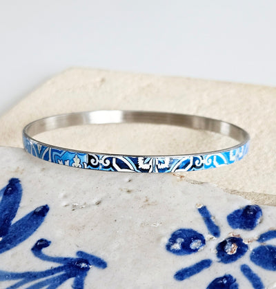 Portugal Azulejo Bangle Portuguese Tile Bracelet Boho Blue Jewelry Blue White Bangle Ceramic Tile Pattern Thin Bangle Anniversary Woman Gift