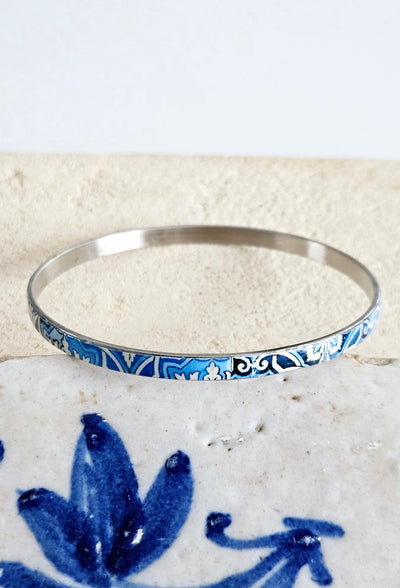 Portugal Azulejo Bangle Portuguese Tile Bracelet Boho Blue Jewelry Blue White Bangle Ceramic Tile Pattern Thin Bangle Anniversary Woman Gift