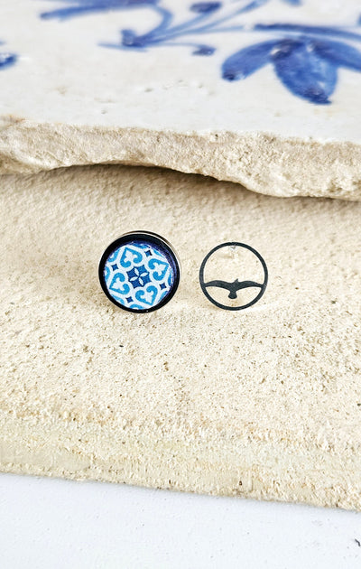 Portugal Round Tile Stud Earring Seagull 10 mm Post Mismatched Blue Portugal Azulejo Earring Gift Antique Traditional Tile Travel Mom Gift