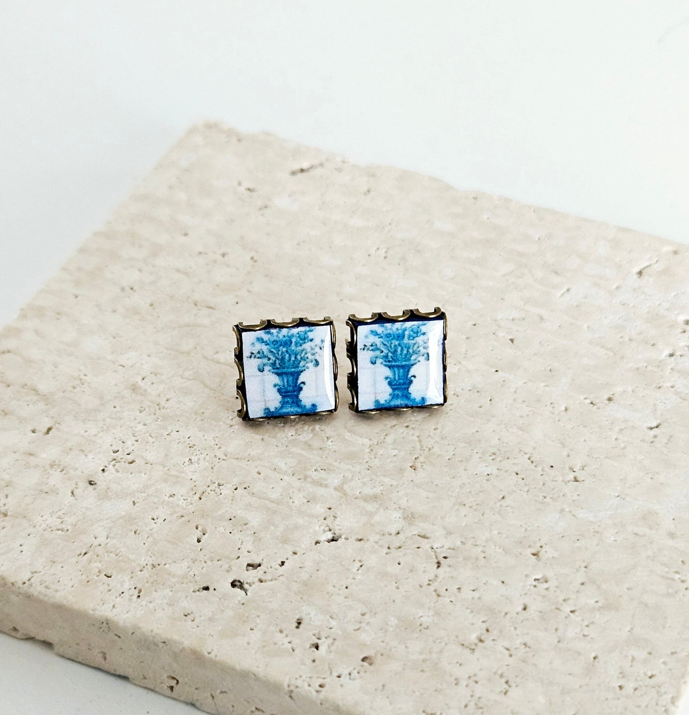 Portugal Blue Tile Antique Flower Stud Earring Small Square Tile Post Portuguese Azulejo Bronze Blue White Earring Wife Gift Travel Jewelry