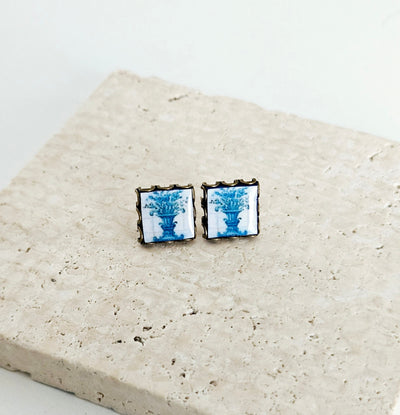 Portugal Blue Tile Antique Flower Stud Earring Small Square Tile Post Portuguese Azulejo Bronze Blue White Earring Wife Gift Travel Jewelry