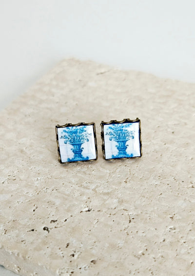 Portugal Blue Tile Antique Flower Stud Earring Small Square Tile Post Portuguese Azulejo Bronze Blue White Earring Wife Gift Travel Jewelry