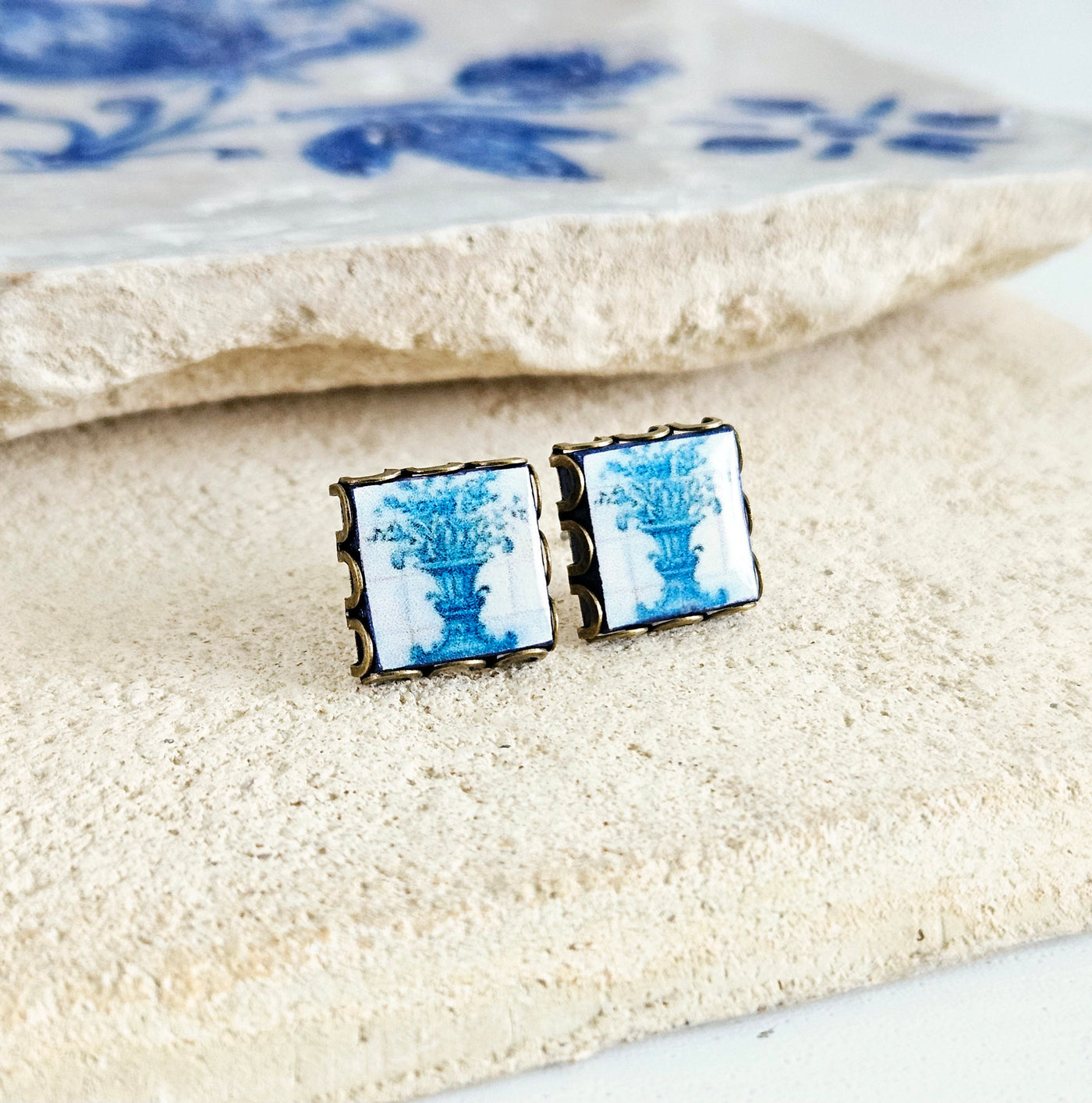 Portugal Blue Tile Antique Flower Stud Earring Small Square Tile Post Portuguese Azulejo Bronze Blue White Earring Wife Gift Travel Jewelry