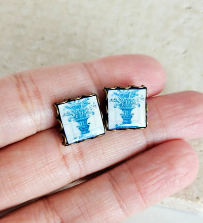 Portugal Blue Tile Antique Flower Stud Earring Small Square Tile Post Portuguese Azulejo Bronze Blue White Earring Wife Gift Travel Jewelry