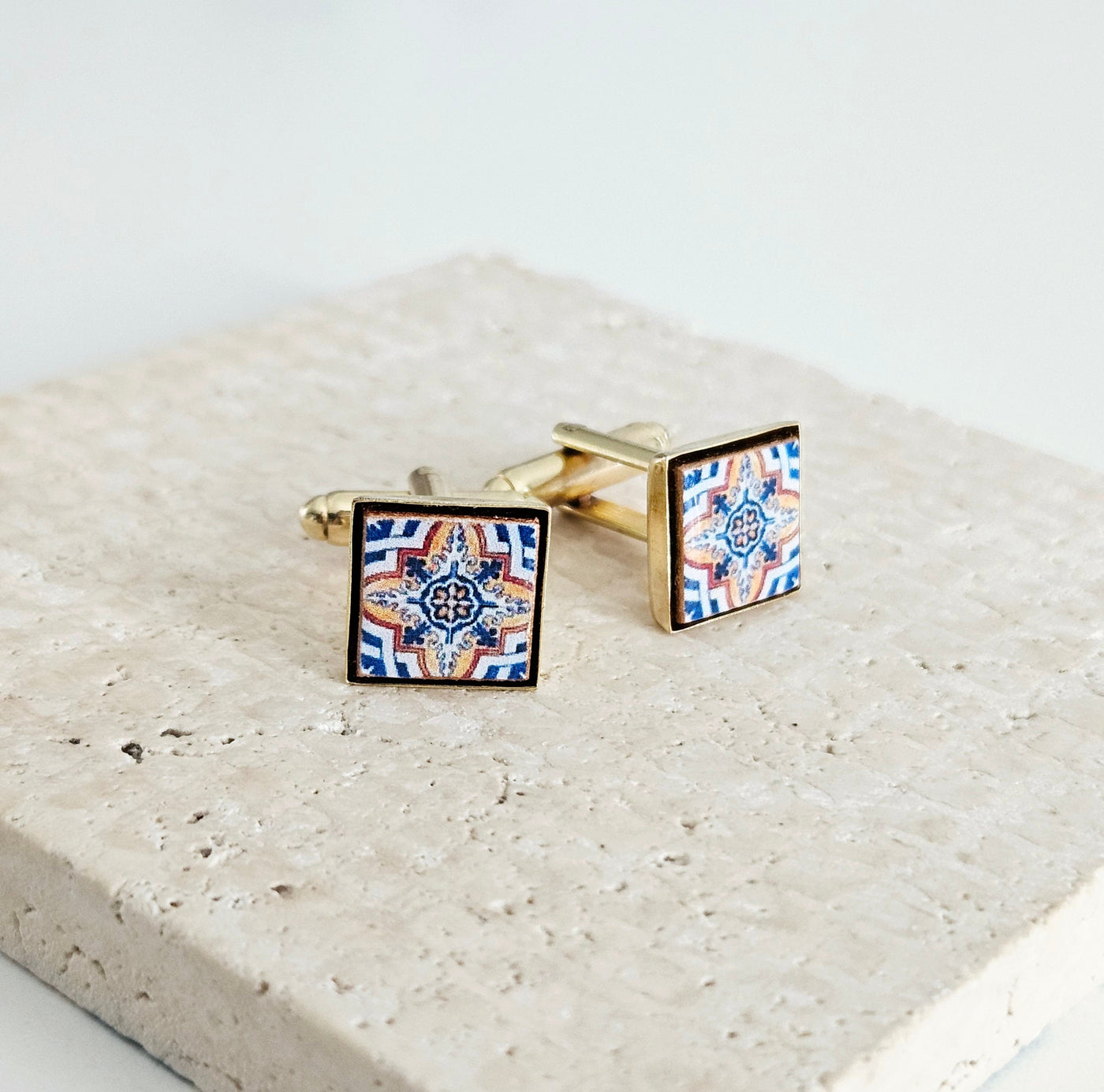 Portugal Blue Orange Tile GOLD Cufflinks Majolica Classic Tile Cufflink Groom Wedding Cufflink Men Celebration Gift Portugal Father Gift