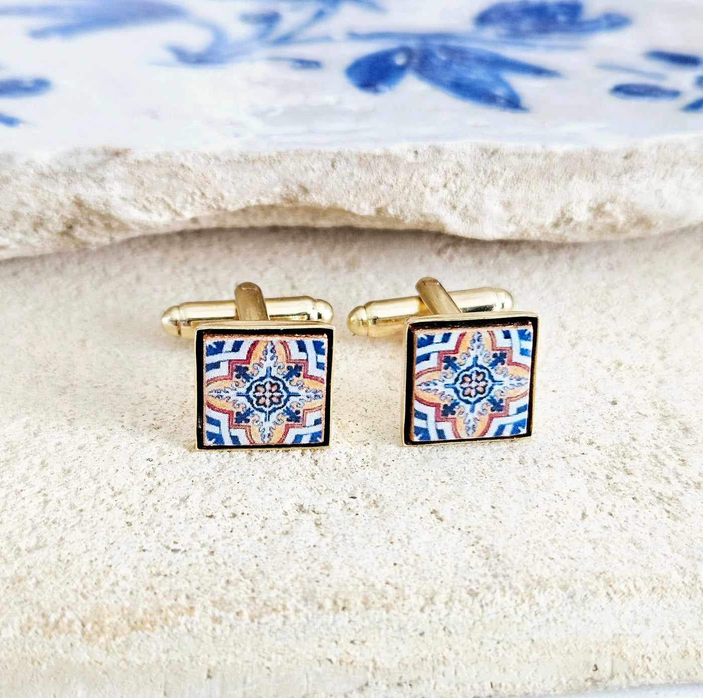 Portugal Blue Orange Tile GOLD Cufflinks Majolica Classic Tile Cufflink Groom Wedding Cufflink Men Celebration Gift Portugal Father Gift