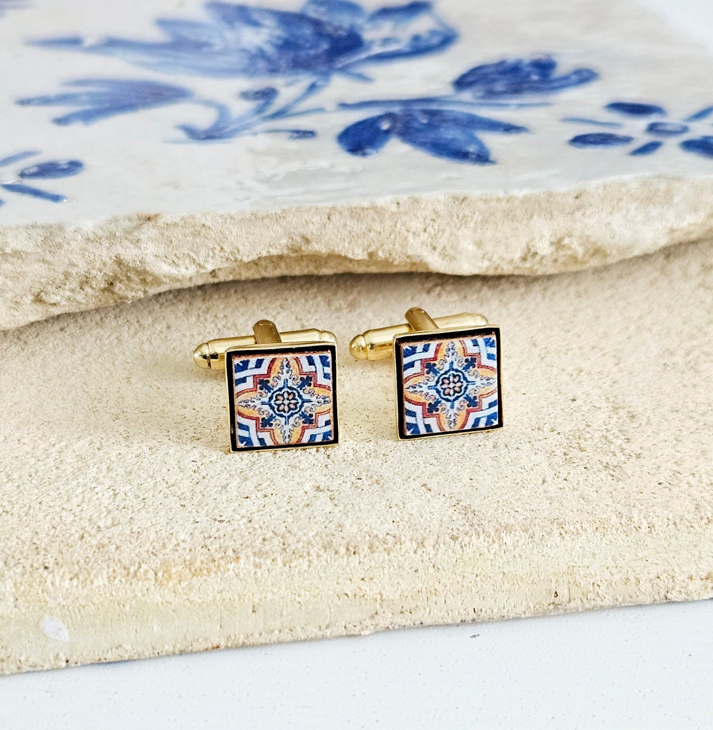 Portugal Blue Orange Tile GOLD Cufflinks Majolica Classic Tile Cufflink Groom Wedding Cufflink Men Celebration Gift Portugal Father Gift