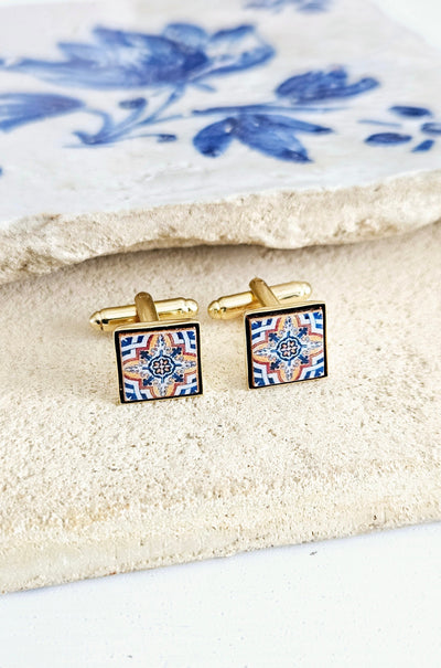 Portugal Blue Orange Tile GOLD Cufflinks Majolica Classic Tile Cufflink Groom Wedding Cufflink Men Celebration Gift Portugal Father Gift