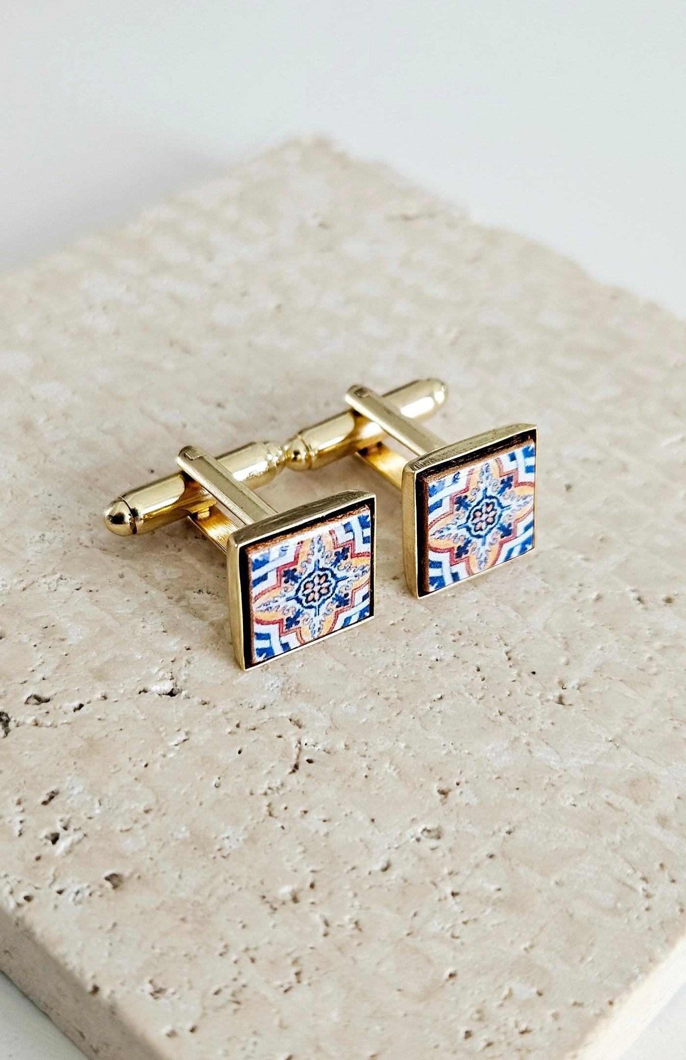 Portugal Blue Orange Tile GOLD Cufflinks Majolica Classic Tile Cufflink Groom Wedding Cufflink Men Celebration Gift Portugal Father Gift