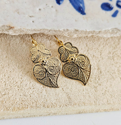 Viana Heart GOLD Steel Dangle Earrings Filigree Detailed Thin Earring Lightweight Portugal Jewelry Women Birthday Gift Portugal Travel Gift