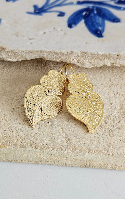 Viana Heart GOLD Steel Dangle Earrings Filigree Detailed Thin Earring Lightweight Portugal Jewelry Women Birthday Gift Portugal Travel Gift