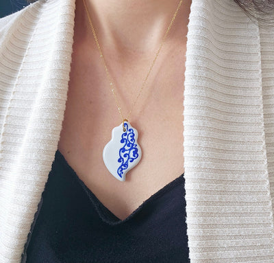 Ceramic & Lace Portuguese Gold Necklace White Blue Azulejo Handmade Necklace Fish Sardine Tile Viana Heart Clay Woman Gift From Portugal