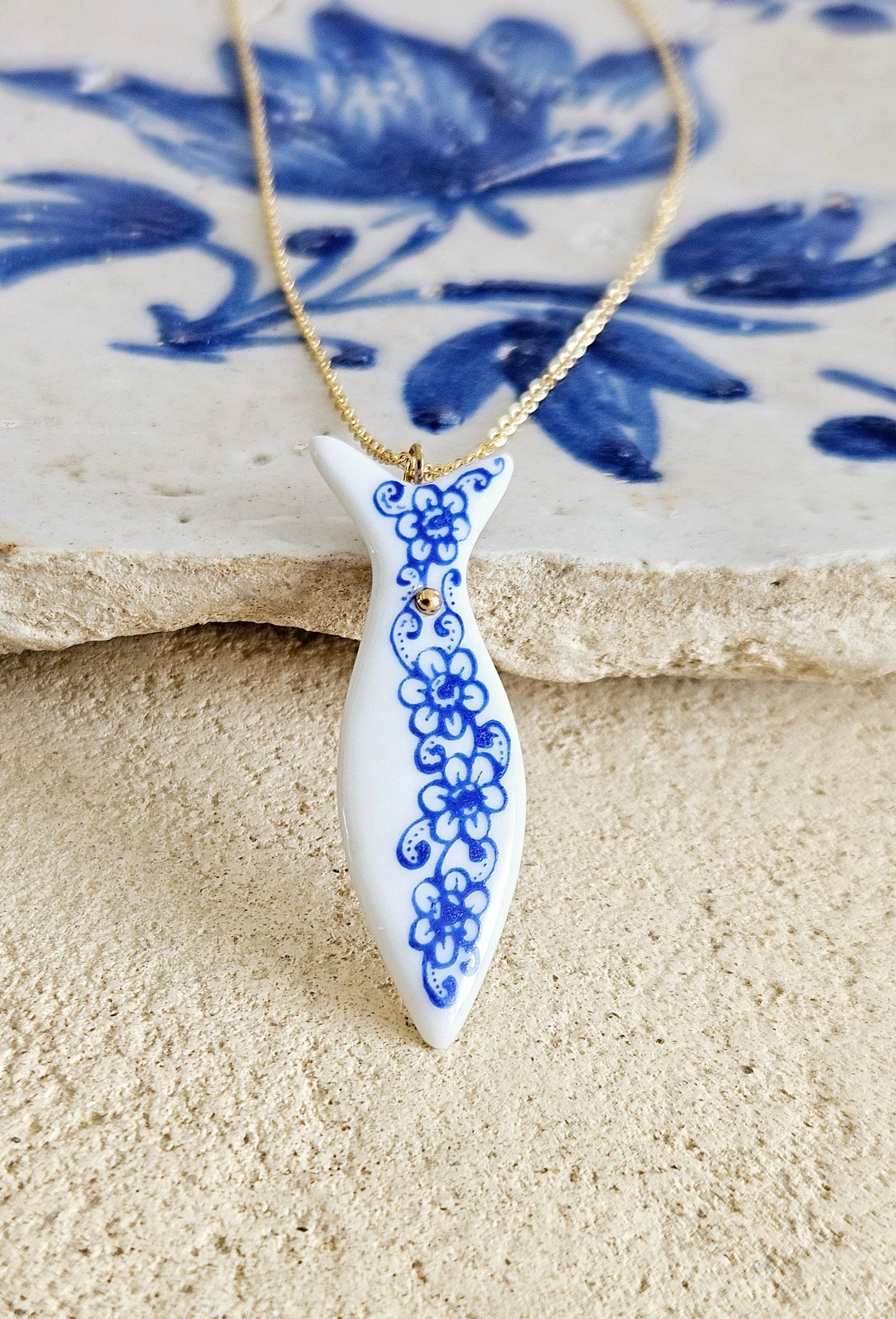 Ceramic & Lace Portuguese Gold Necklace White Blue Azulejo Handmade Necklace Fish Sardine Tile Viana Heart Clay Woman Gift From Portugal