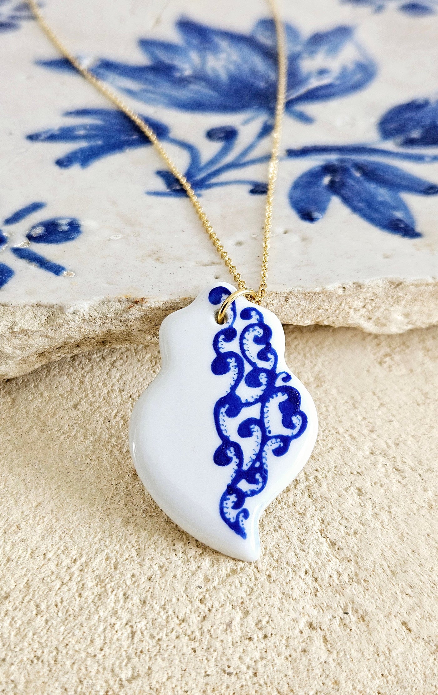 Ceramic & Lace Portuguese Gold Necklace White Blue Azulejo Handmade Necklace Fish Sardine Tile Viana Heart Clay Woman Gift From Portugal