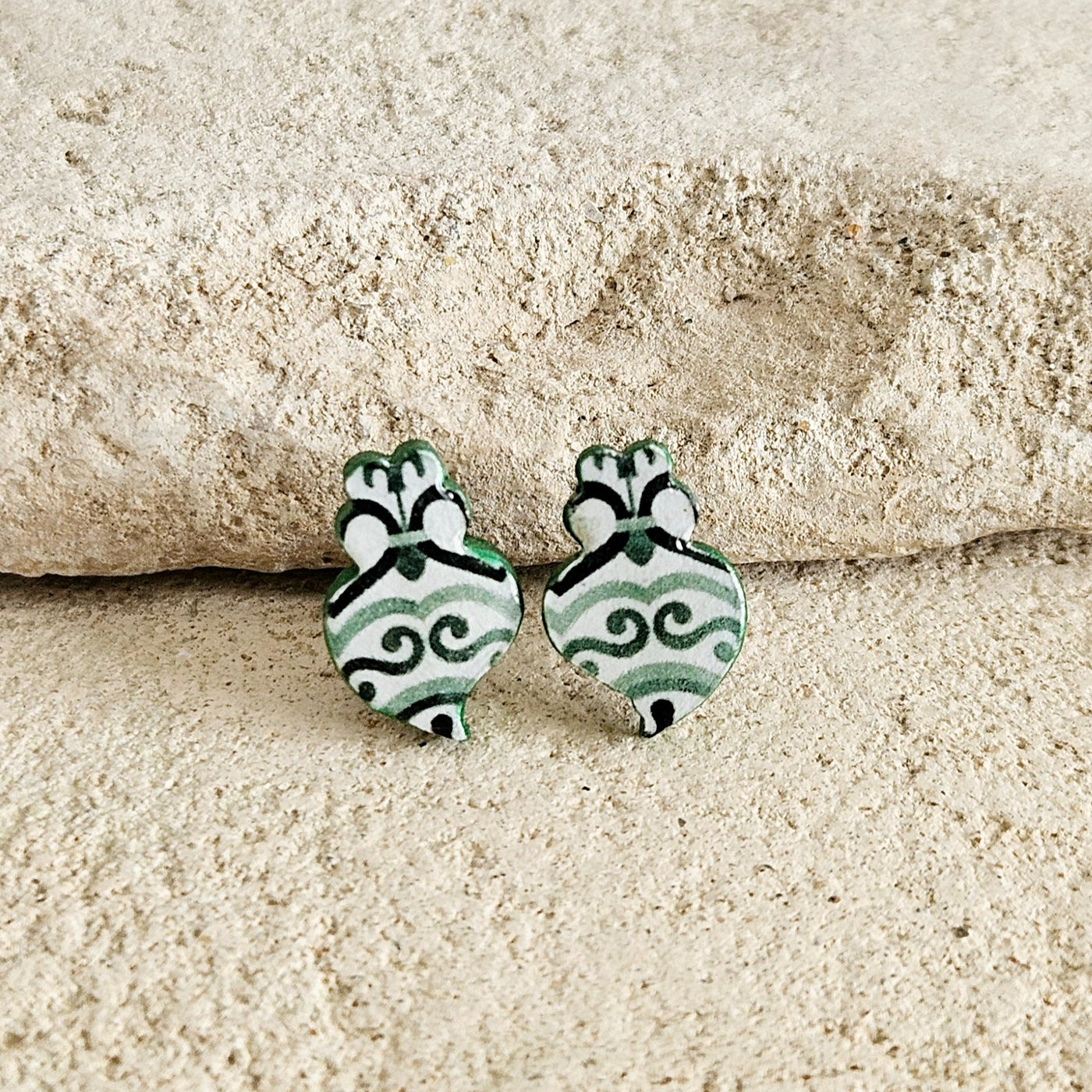 Small Viana Heart Tile Stud Earring Portuguese Green Post Earring Retro Vintage Tile Jewelry Wood Gift Anniversary Gift Travel Vacation Gift