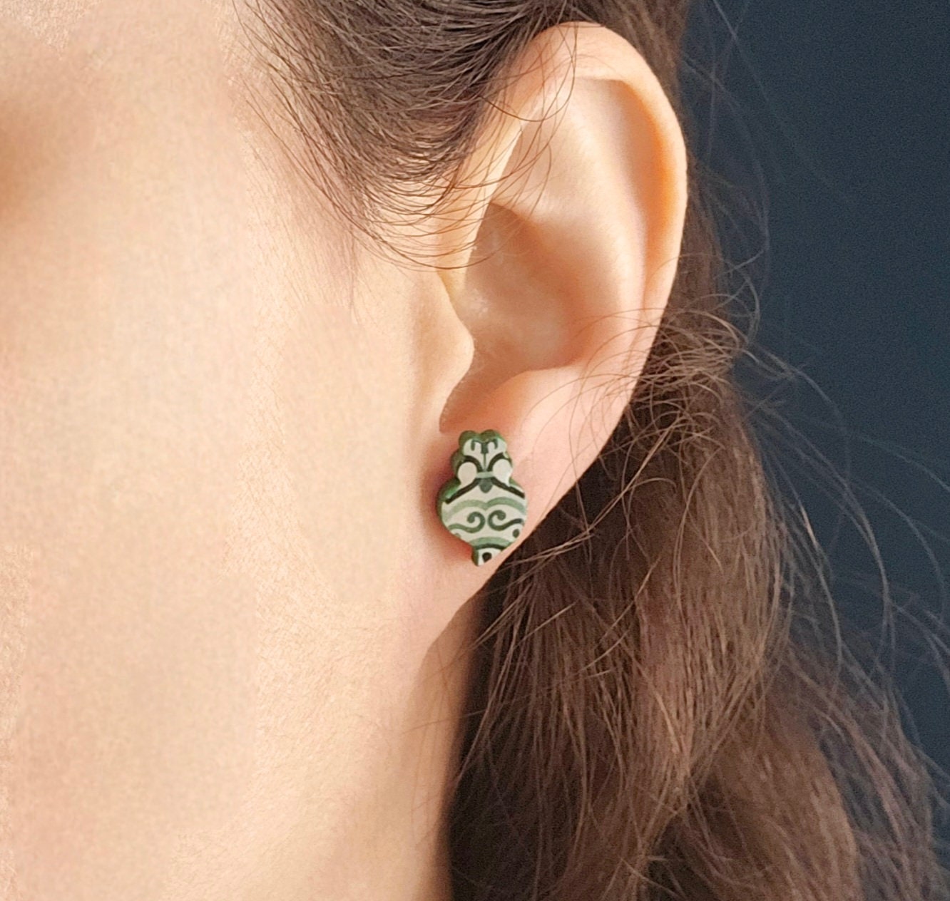 Small Viana Heart Tile Stud Earring Portuguese Green Post Earring Retro Vintage Tile Jewelry Wood Gift Anniversary Gift Travel Vacation Gift