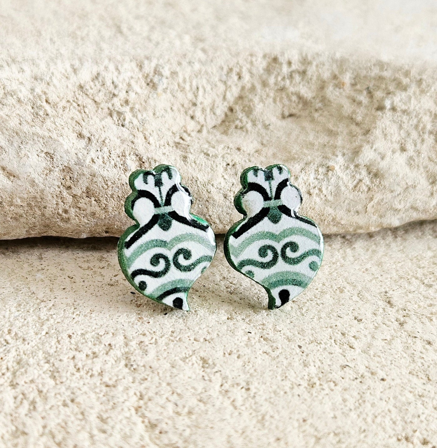 Small Viana Heart Tile Stud Earring Portuguese Green Post Earring Retro Vintage Tile Jewelry Wood Gift Anniversary Gift Travel Vacation Gift