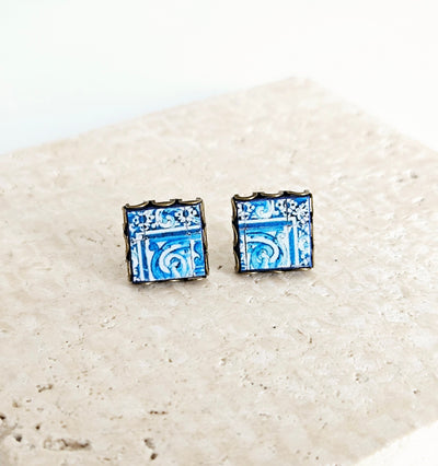 Blue Tile Stud Earring Lace Bronze Stud Portuguese Tile Blue Azulejo Handmade Earring Portugal Jewelry Gift Antique Tile Portuguese Gift